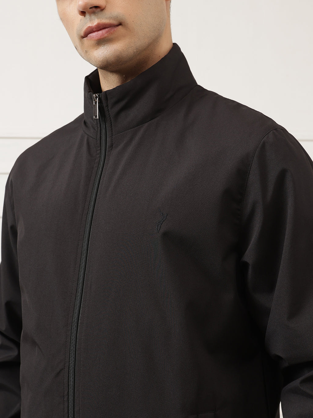 Black Regular Fit Solid Full Sleeves Stand Collar Zip-Front Casual Bomber Jacket For Men
