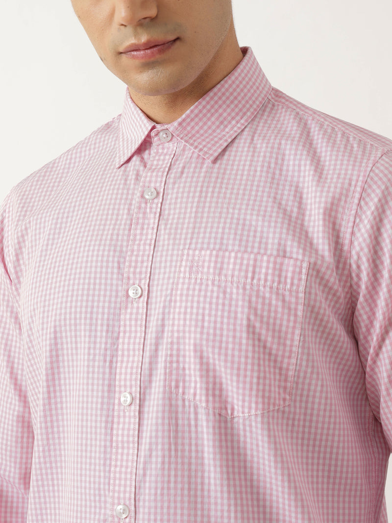 Thomas Scott Men Premium Pink Slim Fit Long Sleeves Spread Collar Gingham Checks Cotton Linen Casual Shirt