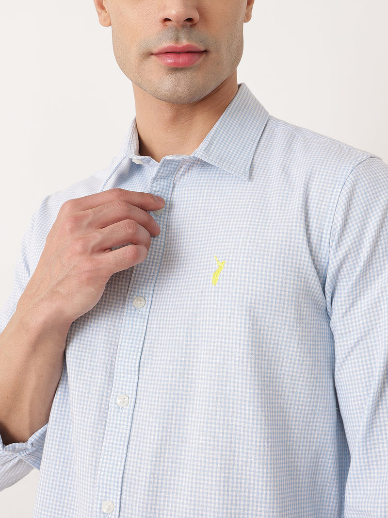 Thomas Scott Men Blue Premium Regular Fit Long Sleeves Spread Collar Gingham Checks Cotton Linen Casual Shirt