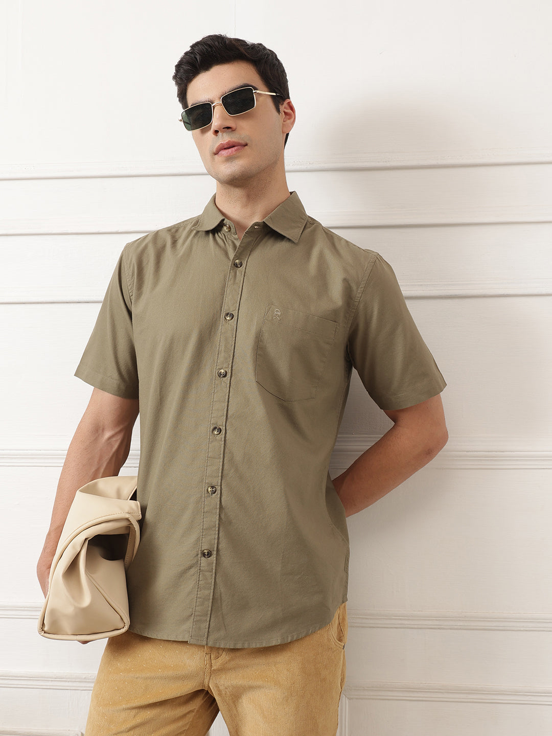 Light Khaki Regular Fit Short Sleeve Spread Collar Solid Oxford Cotton Casual Shirt For Men