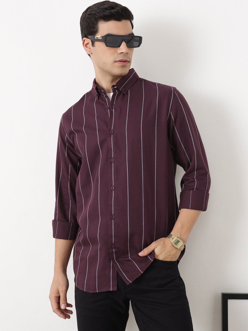 Maroon Slim Fit Long Sleeves Button-Down Collar Vertical Stripes Cotton Twill Casual Shirt For Men