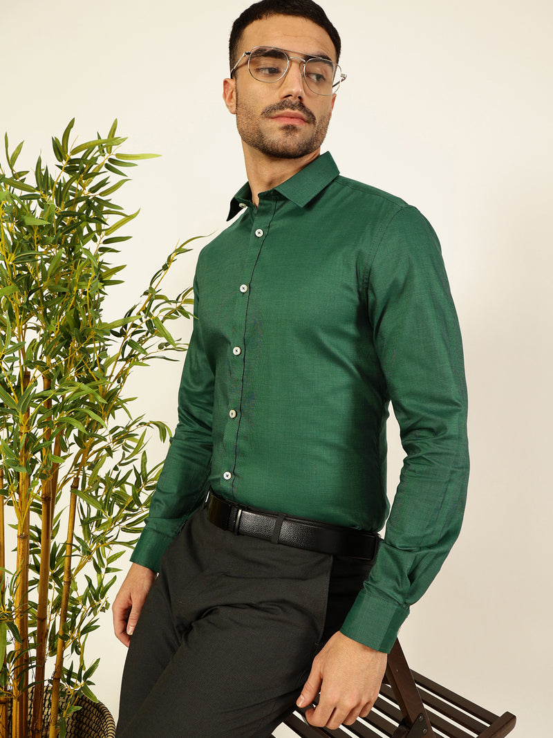 Thomas Scott Men Green Premium Slim Fit Long Sleeves Spread Collar Solid 100% Cotton Formal Shirt