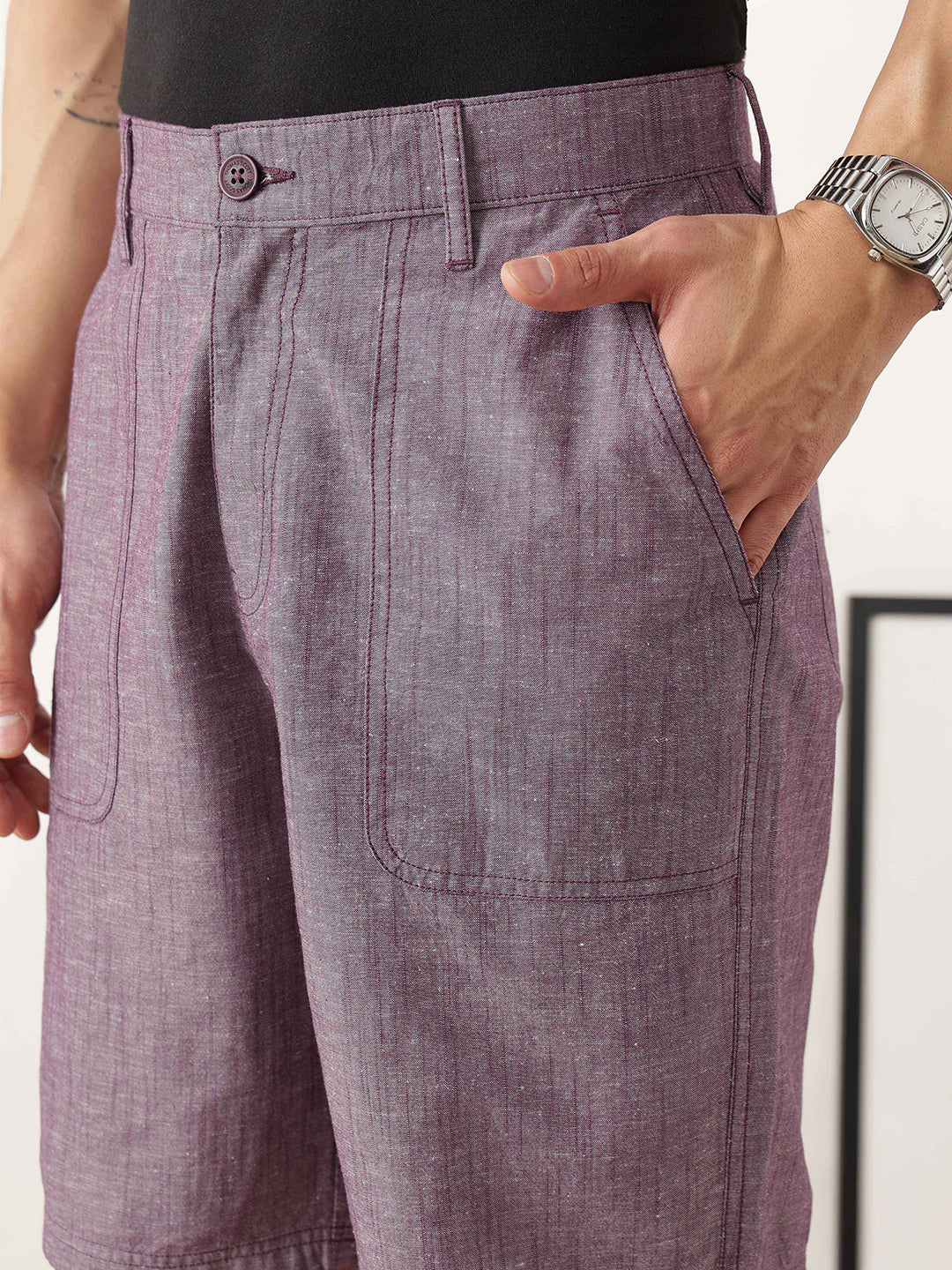 Thomas Scott Men Maroon Regular Fit Mid-Rise Solid Woven Cotton Linen Shorts