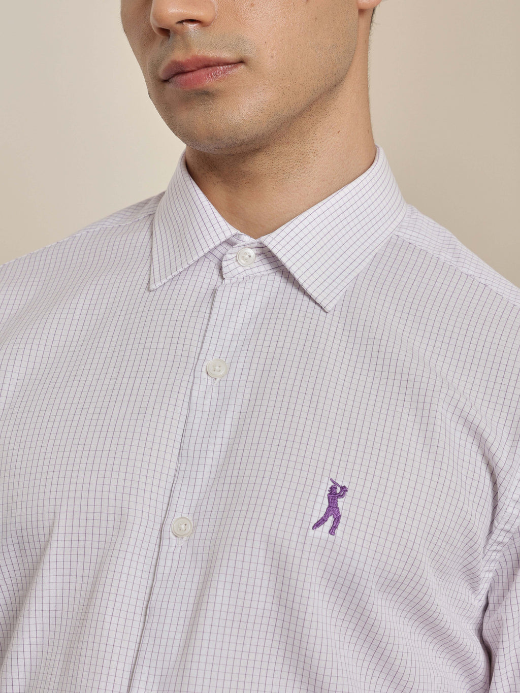 Thomas Scott Men Premium Purple Regular Fit Long Sleeves Spread Collar Micro Checks Cotton Formal Shirt