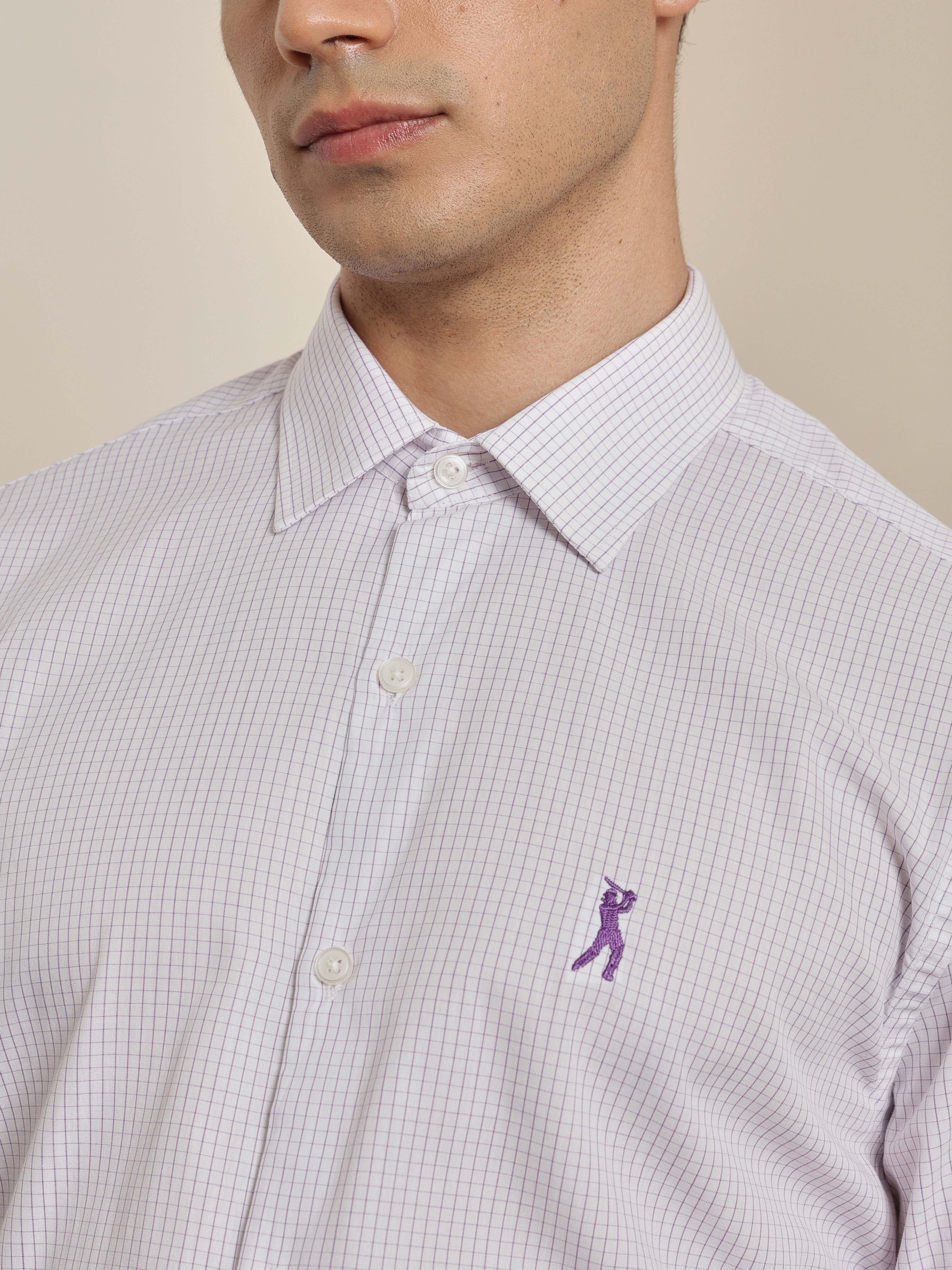 Thomas Scott Men Premium Purple Regular Fit Long Sleeves Spread Collar Micro Checks Cotton Formal Shirt