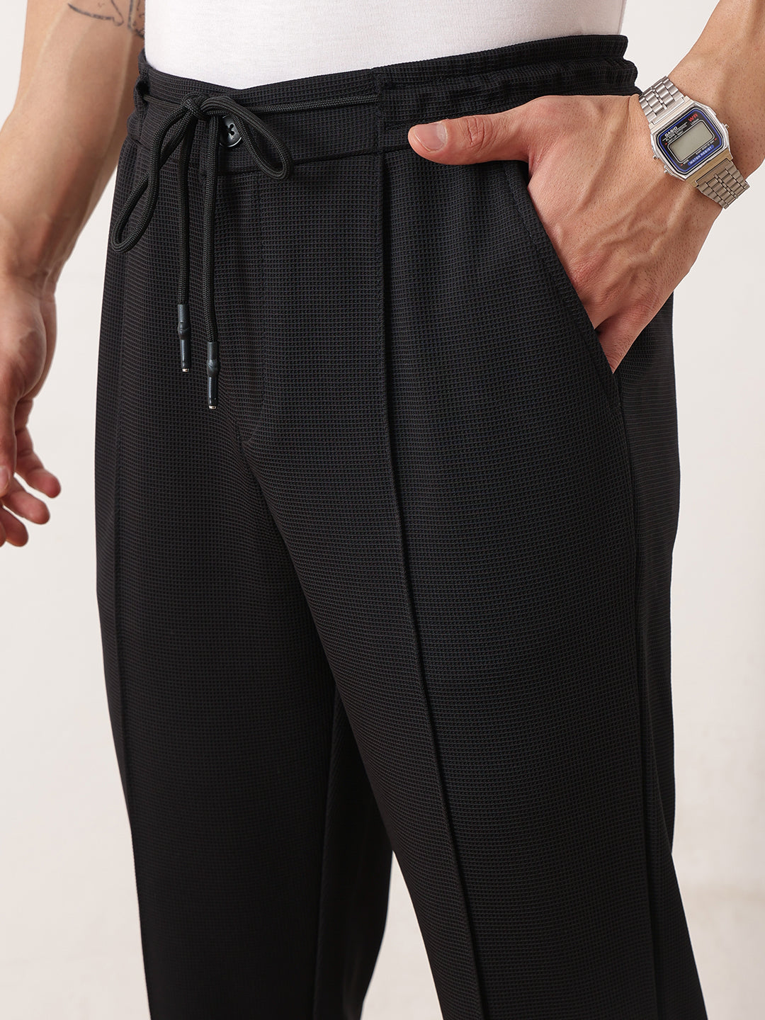 Thomas Scott Men Black Smart Regular Fit Mid-Rise Textured Pleated Knitted Casual Trousers with Drawstring Closure