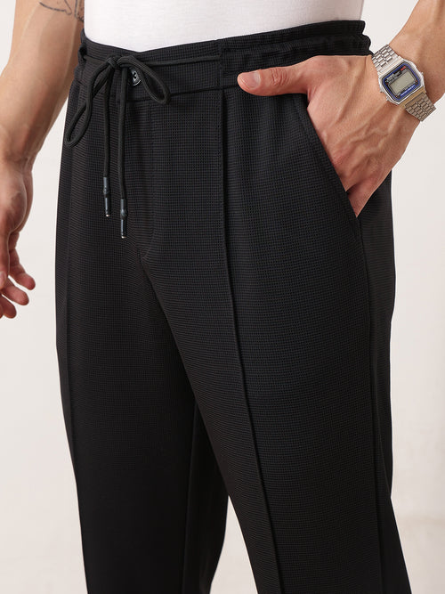 Thomas Scott Men Black Smart Regular Fit Mid-Rise Textured Pleated Knitted Casual Trousers with Drawstring Closure