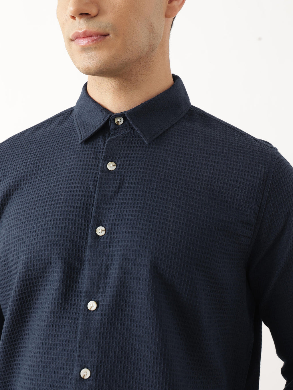 Thomas Scott Men Premium Navy Blue Regular Fit Long Sleeves Spread Collar Textured Casual Shirt