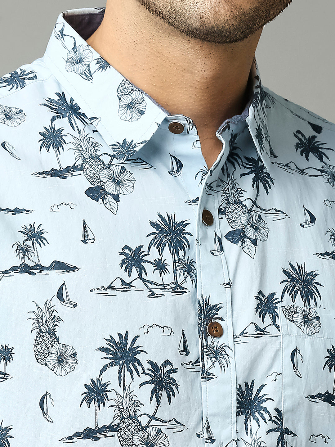 Thomas Scott Men Sky Blue Classic Short Sleeves Slim Fit Spread Collar Floral Printed Cotton Casual Shirt