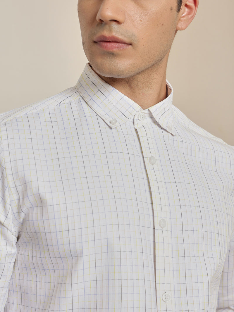 Thomas Scott Men Smart White1 Regular Fit Long Sleeves Button Down Collar Windowpane Checks Formal Shirt
