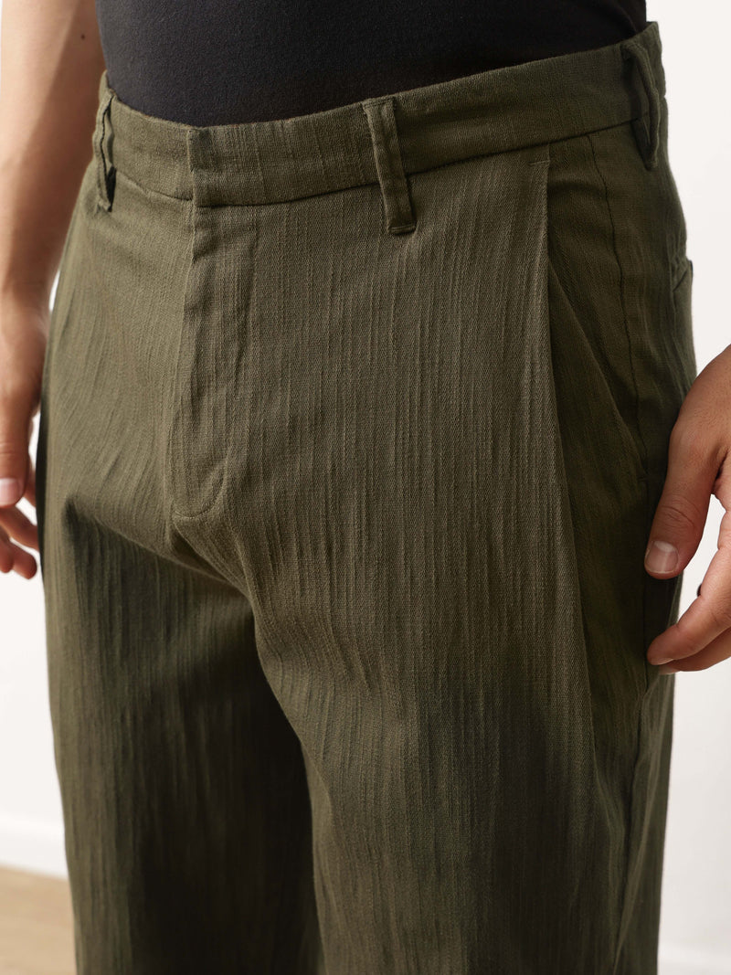 Thomas Scott Men Dark Olive Smart Solid Regular Fit Woven Linen Pleated Trousers