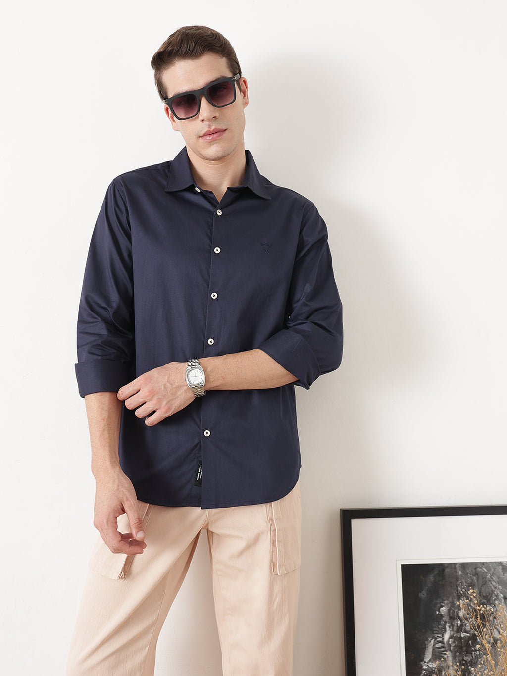 Navy Premium Slim Fit Solid Cotton Casual Shirt For Men