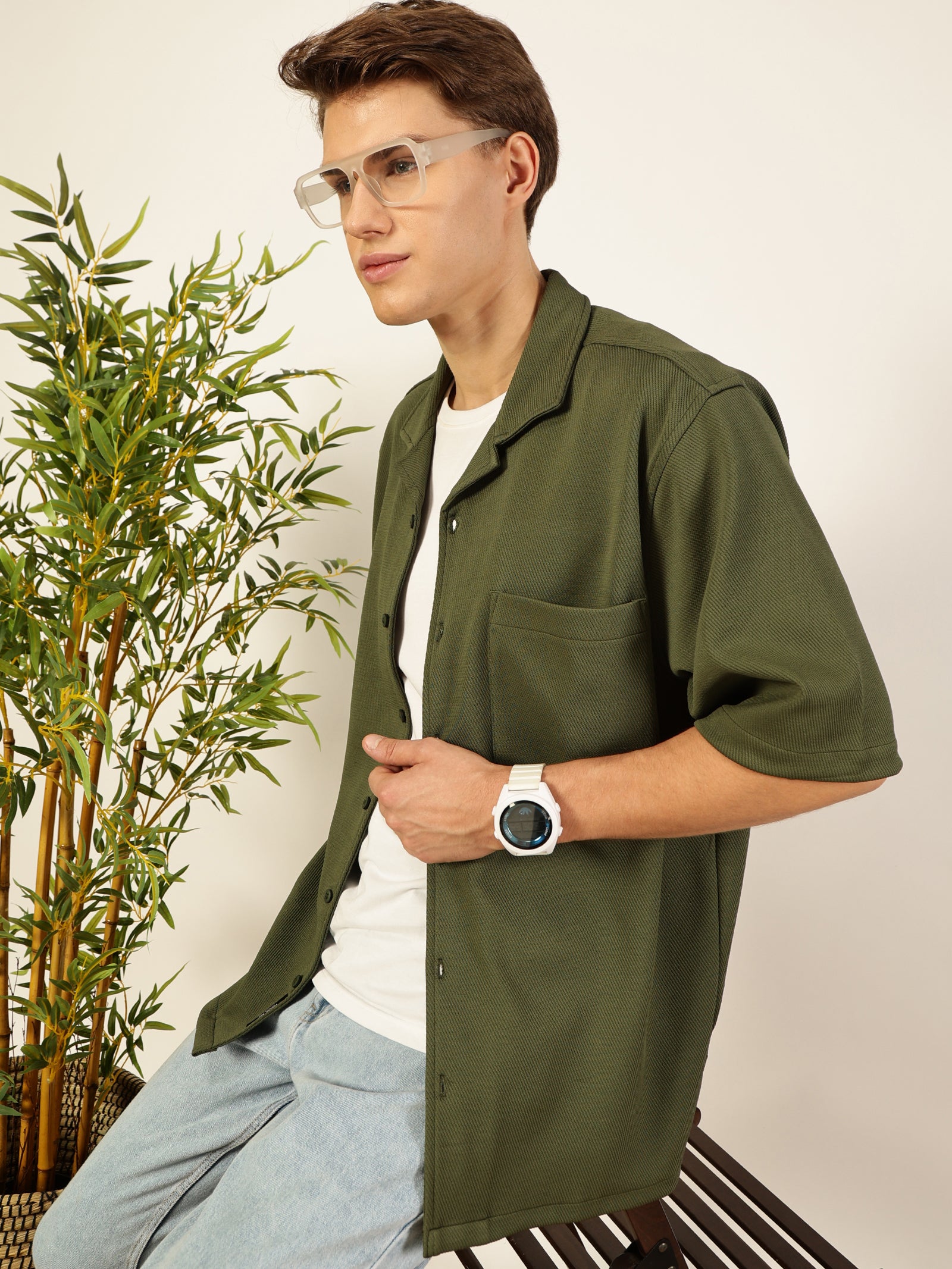 Thomas Scott Men Olive Premium Short Sleeves Regular Fit Cuban Collar Textured Cotton Twill Shirt