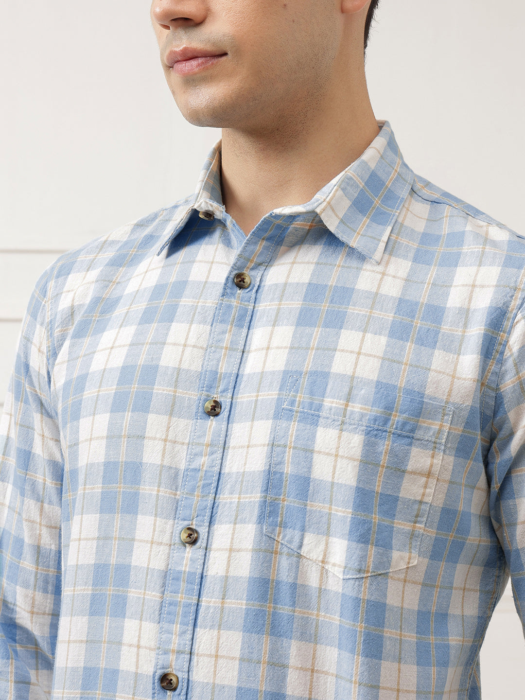 Light Blue Premium Slim Fit Graphic Checked Cotton Linen Casual Shirt For Men