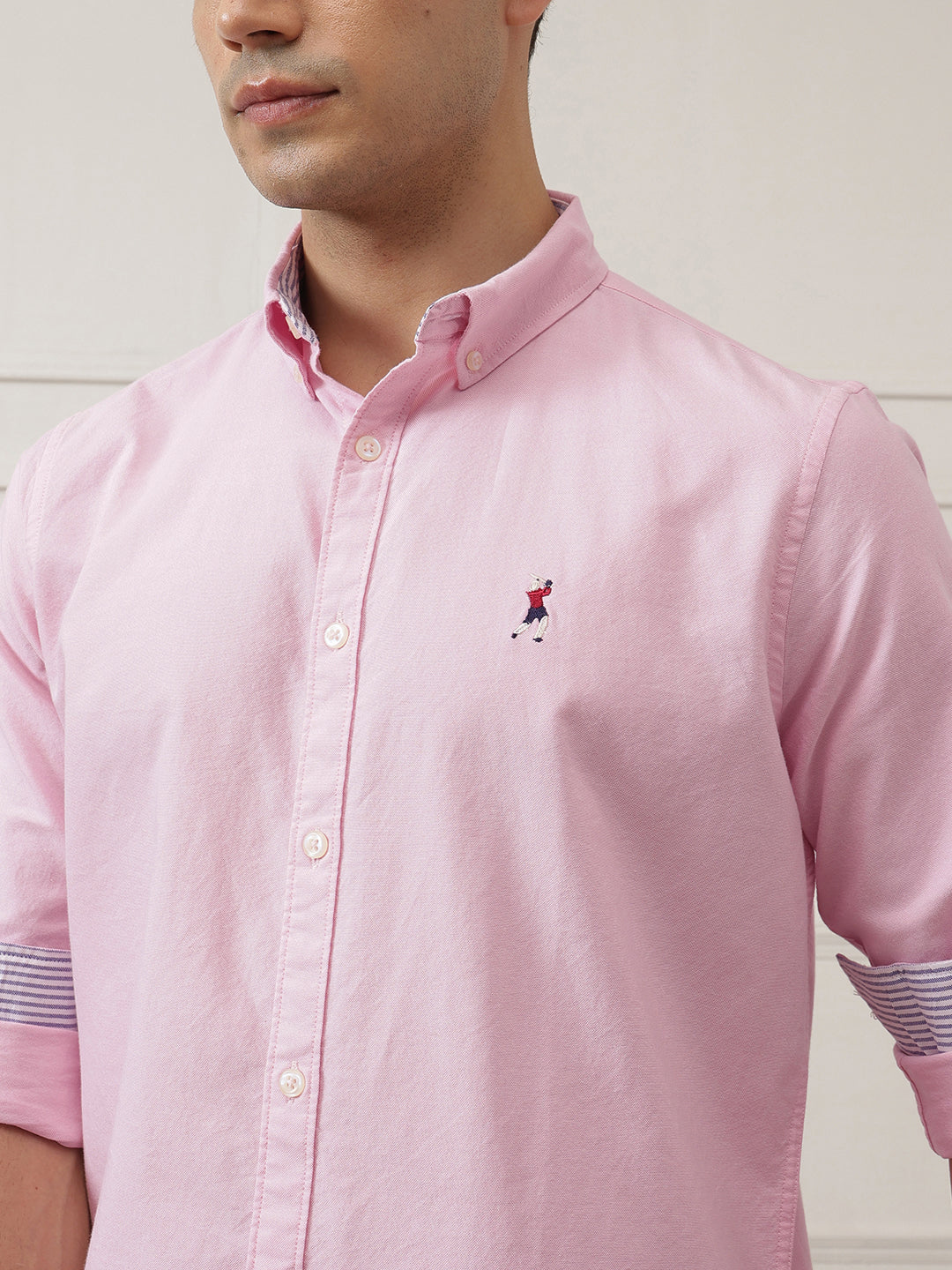 Light Pink Premium Regular Fit Button-Down Collar Solid Pure Cotton Casual Shirt For Men