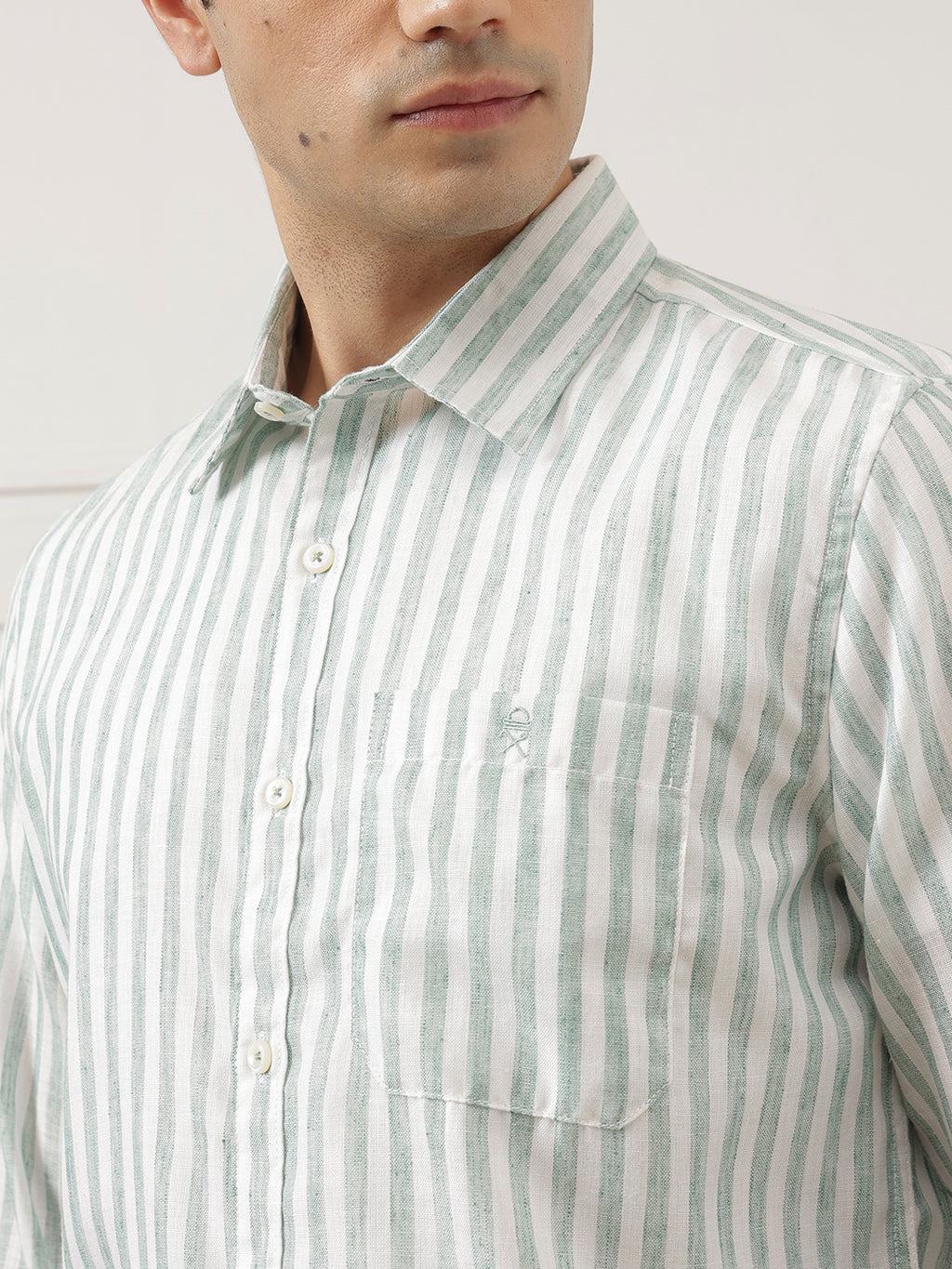 Green Premium Regular Fit Long Sleeves Vertical Striped Cotton Linen Casual Shirt For Men