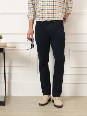 Black Smart Straight Fit Mid-Rise Solid Woven Trouser For Men