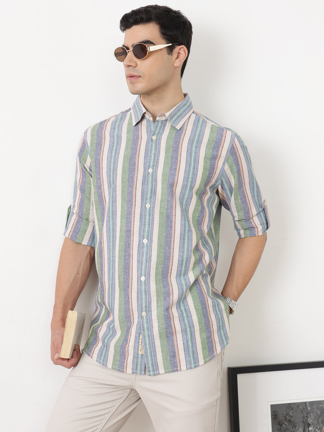 NaturalB Regular Fit Roll-Up Sleeve Spread Collar Vertical Striped Cotton Linen Casual Shirt For Men