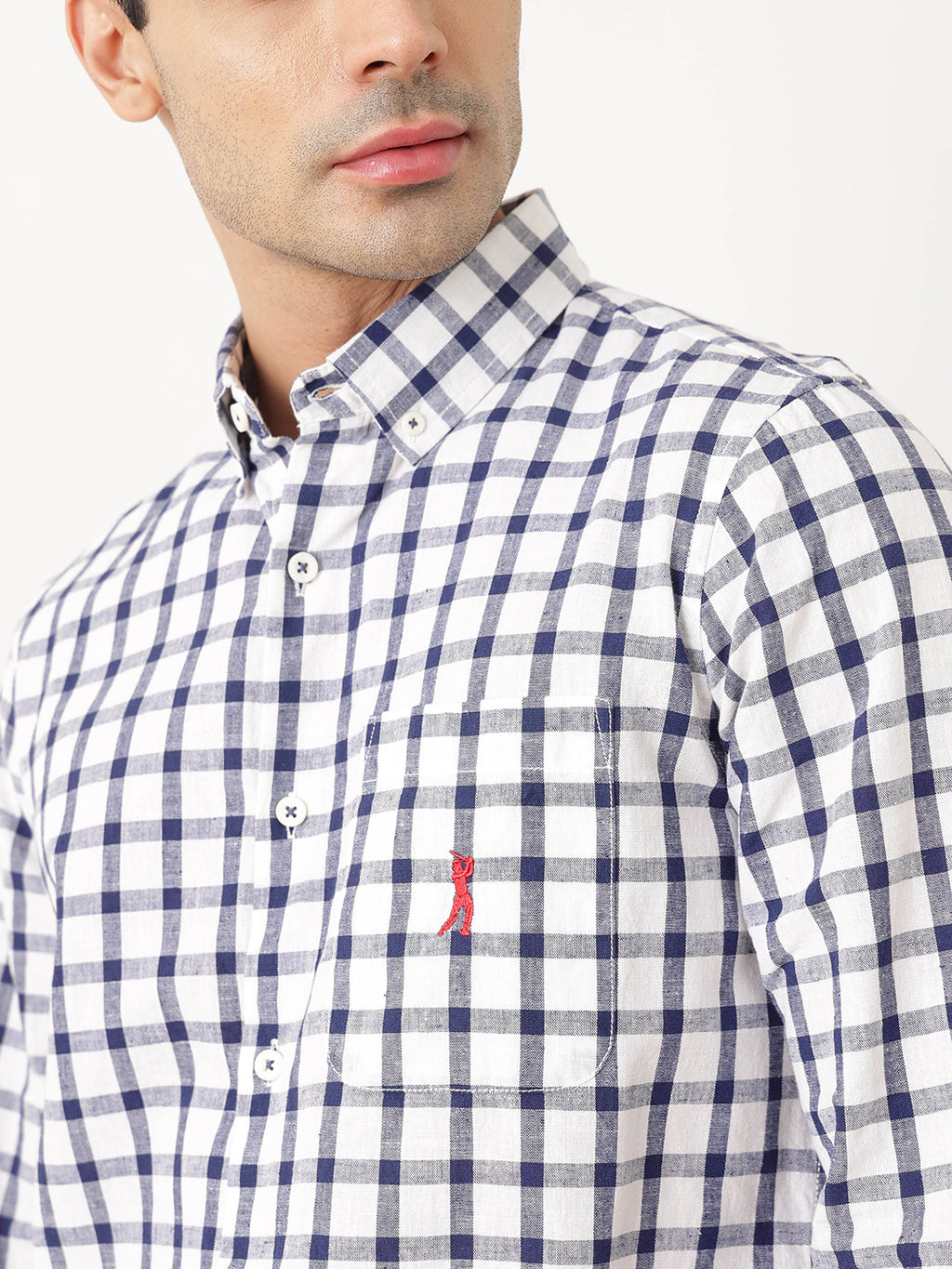 Thomas Scott Men Navy Regular Fit Long Sleeves Gingham Checks Button Down Collar Cotton Linen Casual Shirts