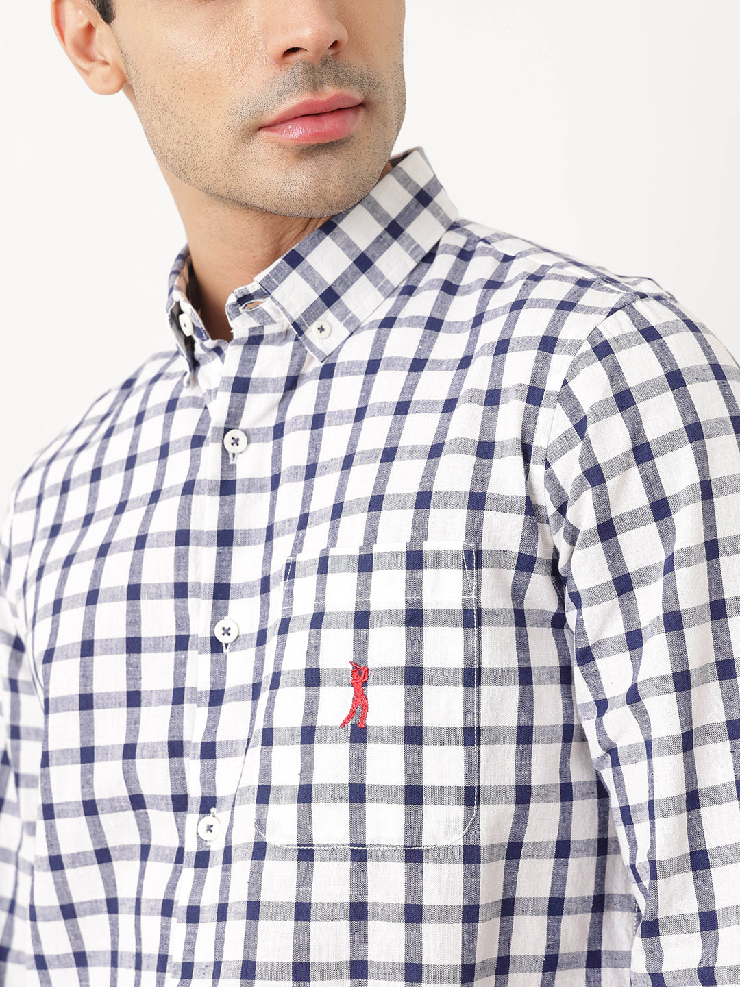 Thomas Scott Men Navy Regular Fit Long Sleeves Gingham Checks Button Down Collar Cotton Linen Casual Shirts
