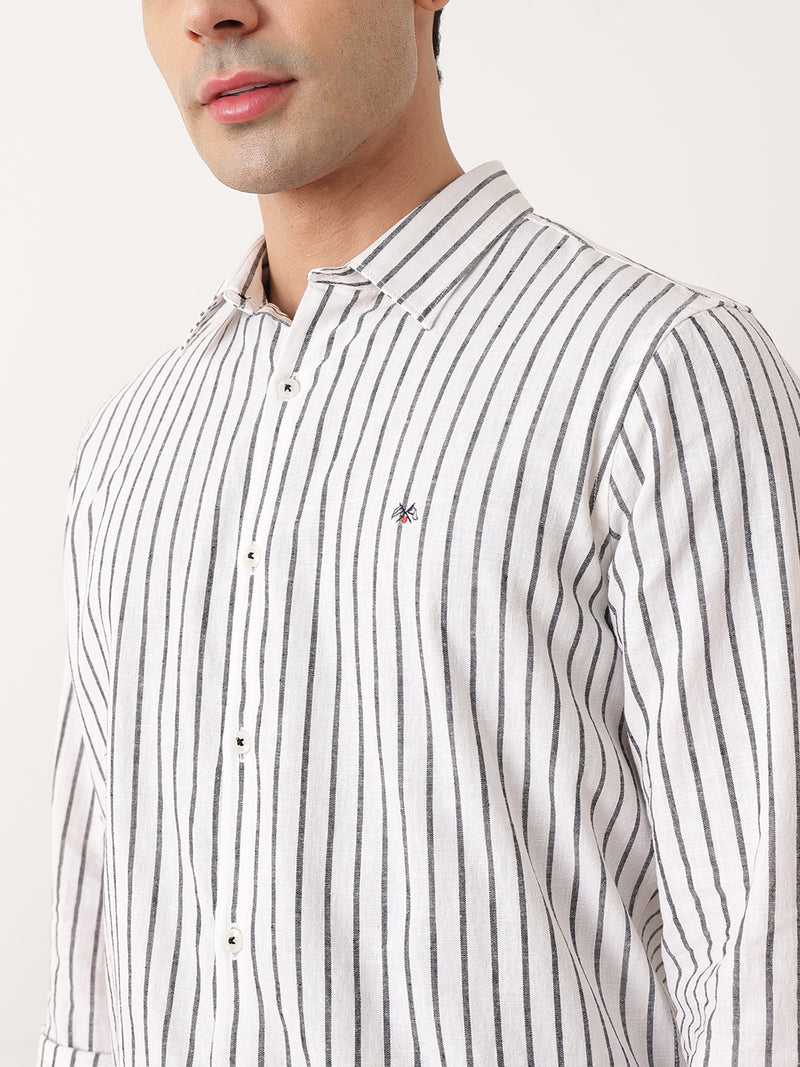 Thomas Scott Men Black Premium Regular Fit Long Sleeves Spread Collar Vertical Stripes Cotton Linen Casual Shirts
