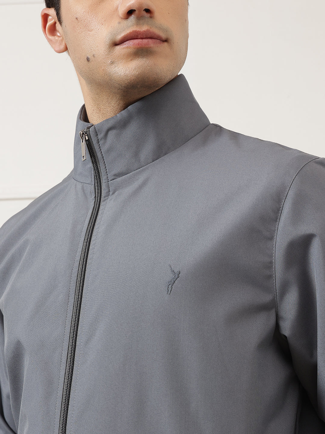 Grey Regular Fit Solid Full Sleeves Stand Collar Zip-Front Casual Bomber Jacket For Men