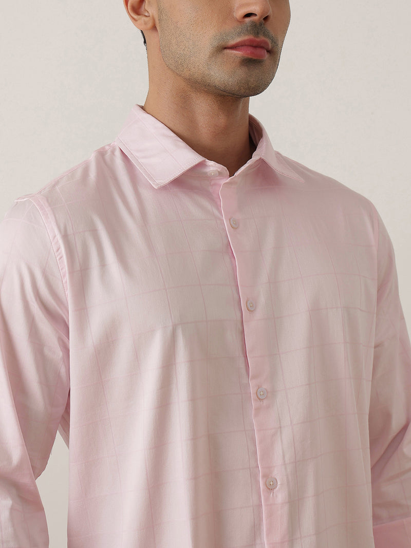 Thomas Scott Men Premium Pink Regular Fit Long Sleeves Spread Collar Windowpane Checks Cotton Lycra Casual Shirt