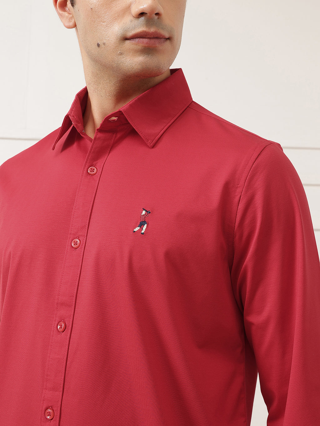 Red Premium Regular Fit Spread Collar Full Sleeve Solid Cotton Casual Shirt For Men