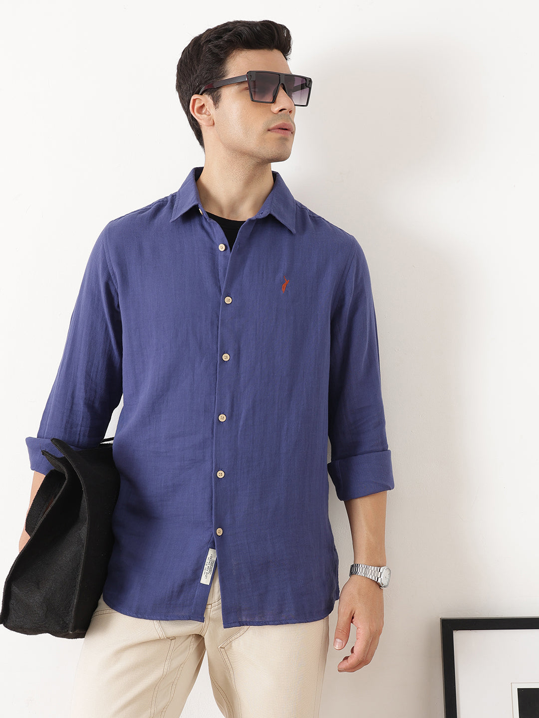 Royal Blue Premium Regular Fit Long Sleeves Spread Collar Solid Cotton Casual Shirt For Men