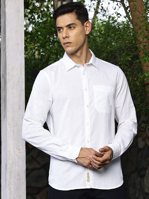 White Premium Regular Fit Long Sleeves Spread Collar Solid Cotton Linen Casual Shirt For Men