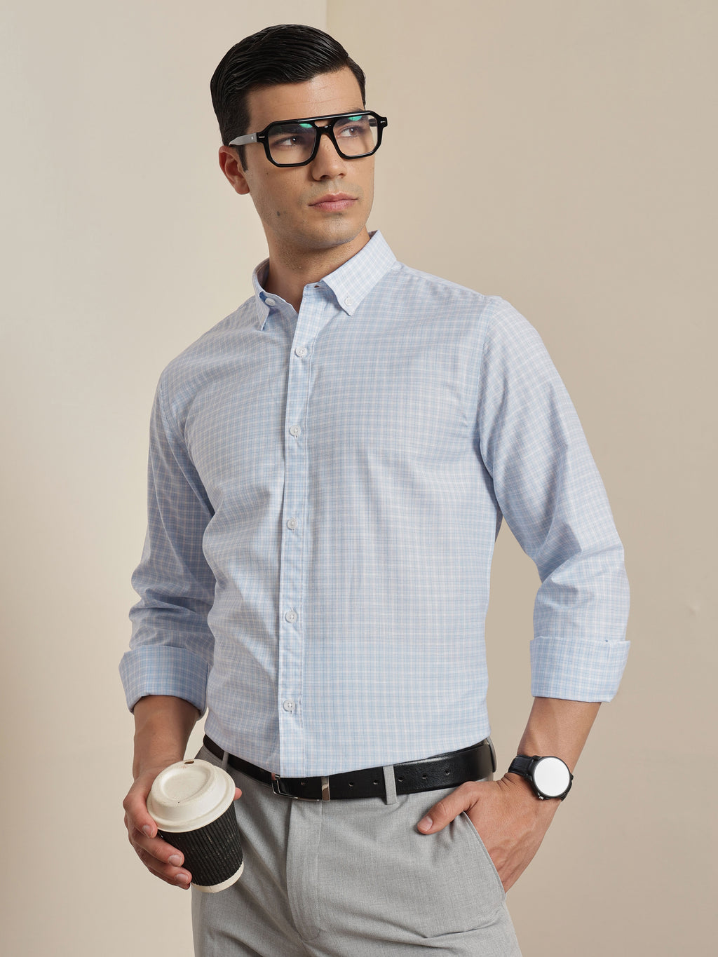 Thomas Scott Men Smart Blue Regular Fit Long Sleeves Button Down Collar Micro Checks Formal Shirt