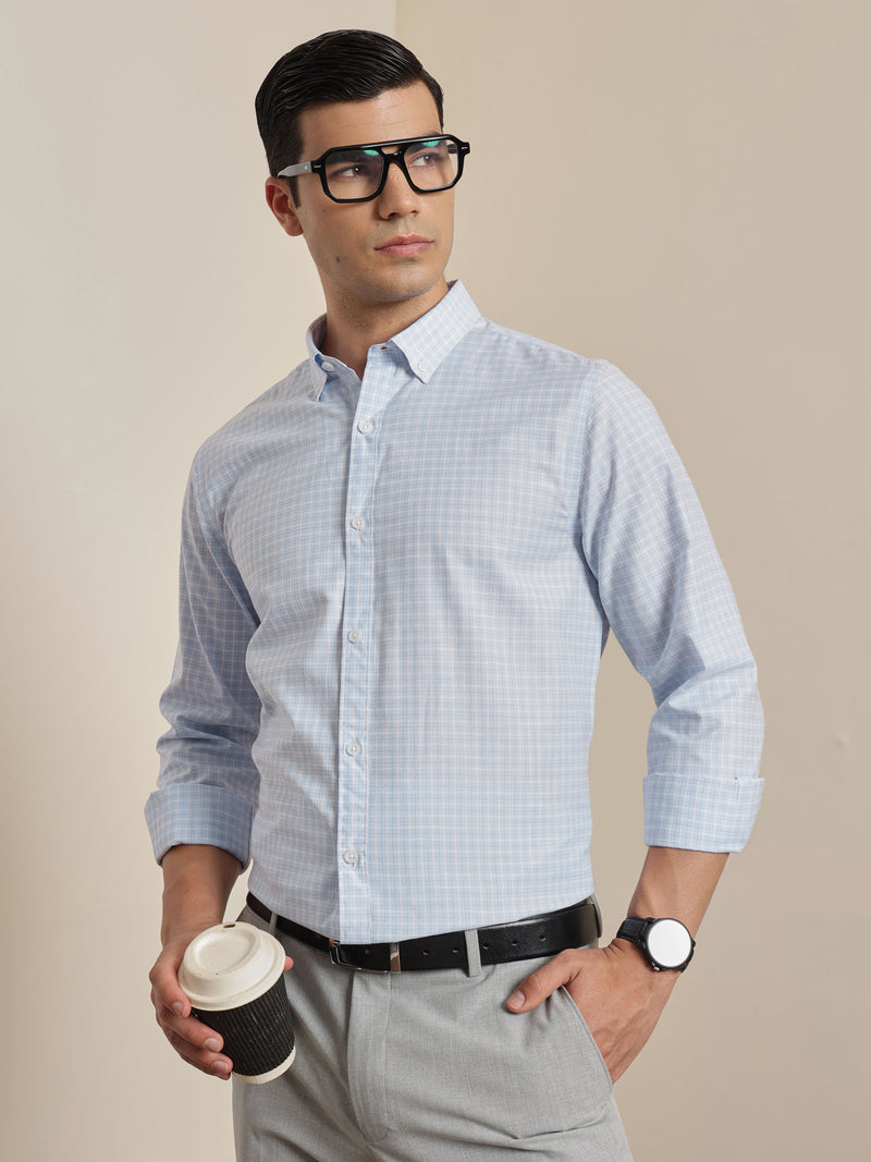 Thomas Scott Men Smart Blue Regular Fit Long Sleeves Button Down Collar Micro Checks Formal Shirt