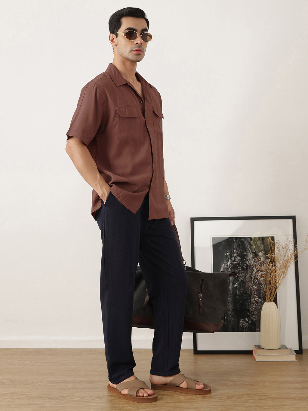 Thomas Scott Men Premium Rust Oversize Fit Short Sleeves Cuban Collar Textured Casual Shirt