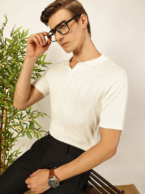 White Short Sleeves Regular Fit Self Design Cotton Polo Collar Knitted Tshirts For Men