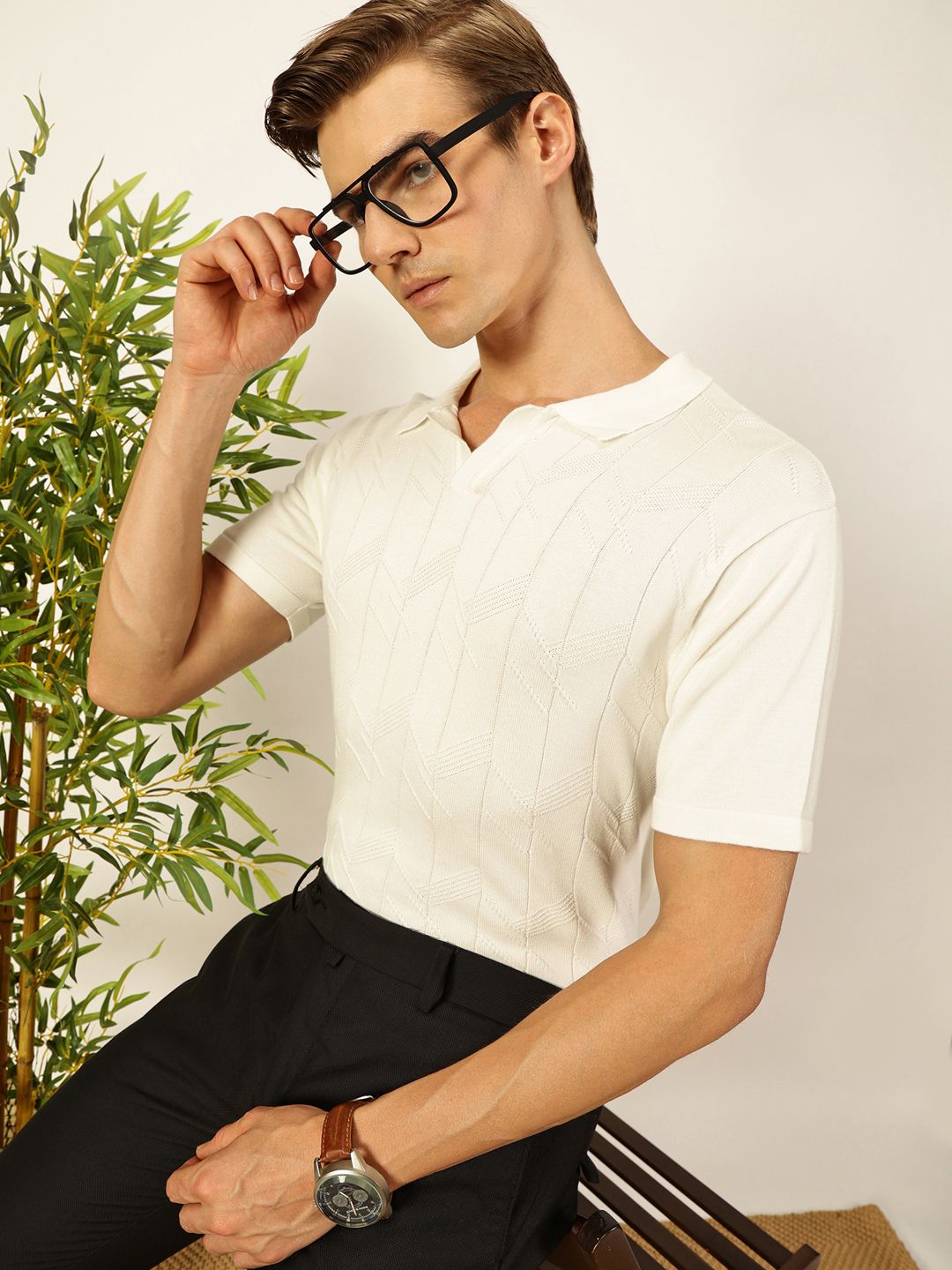 White Short Sleeves Regular Fit Self Design Cotton Polo Collar Knitted Tshirts For Men