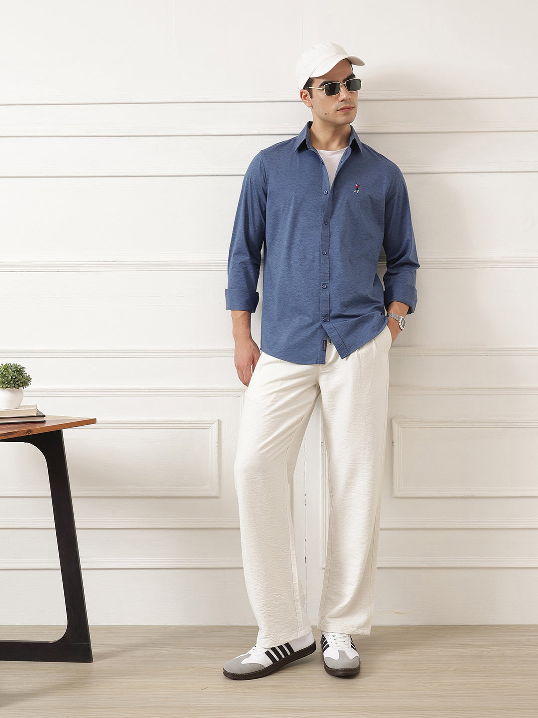 Blue Premium Regular Fit Spread Collar Full Sleeve Solid Cotton Casual Shirt For Men