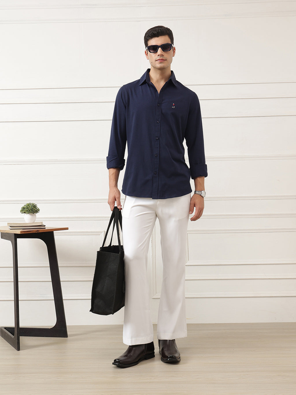 Navy Premium Regular Fit Spread Collar Full Sleeve Solid Cotton Casual Shirt For Men