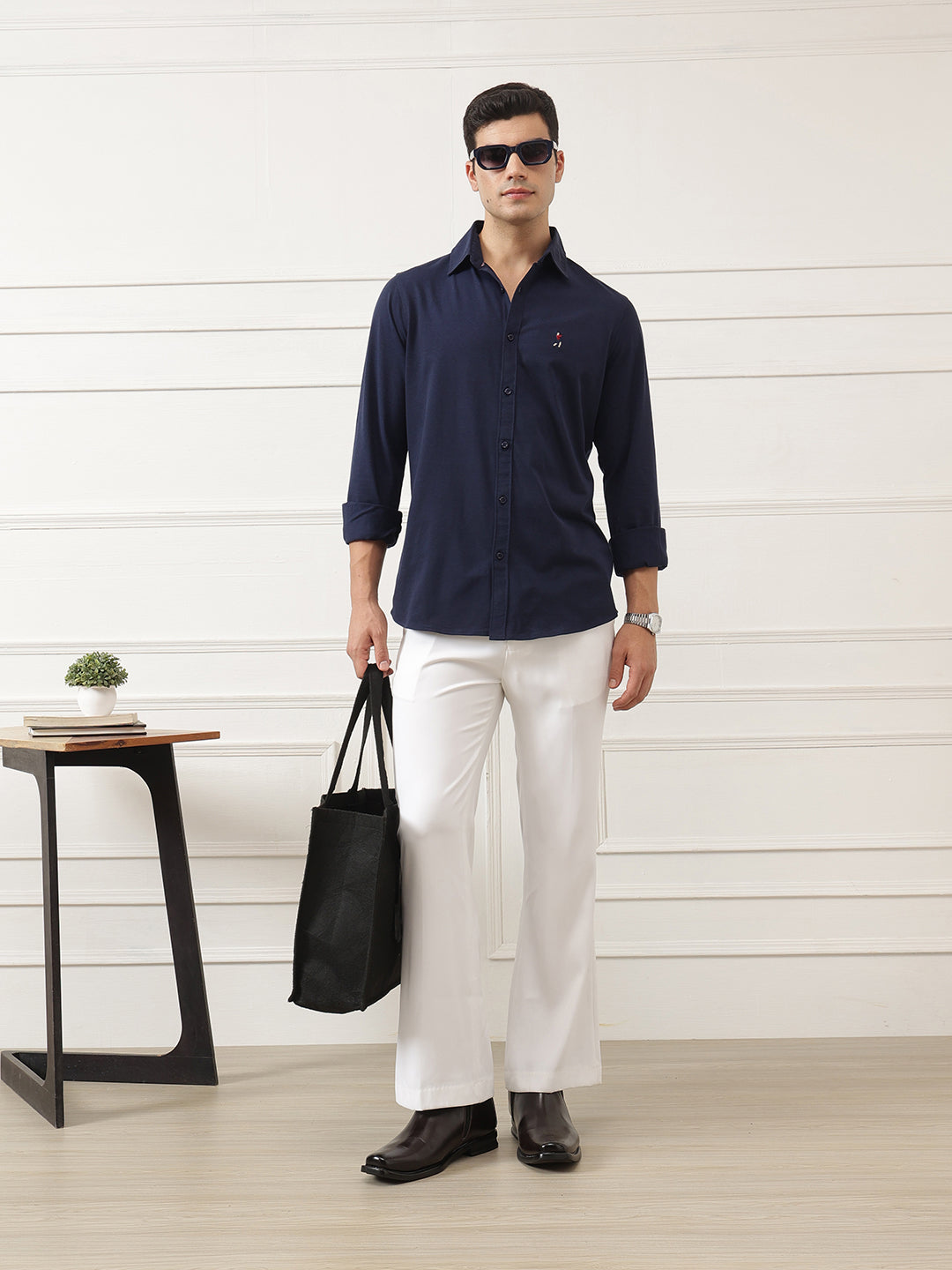 Navy Premium Regular Fit Spread Collar Full Sleeve Solid Cotton Casual Shirt For Men