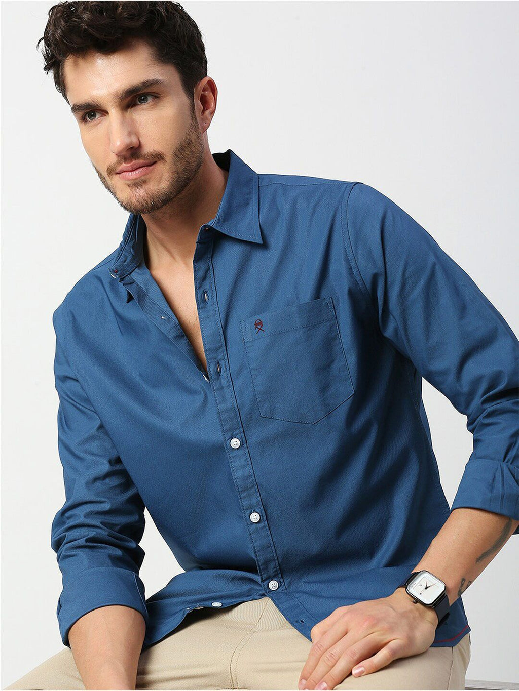 Dark Blue Slim Fit Long Sleeves Spread Solid Collar Casual Shirt For Men
