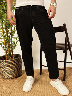 Black Smart Tapered Fit Mid-Rise Clean Look Cropped Stretchable Jeans For Men