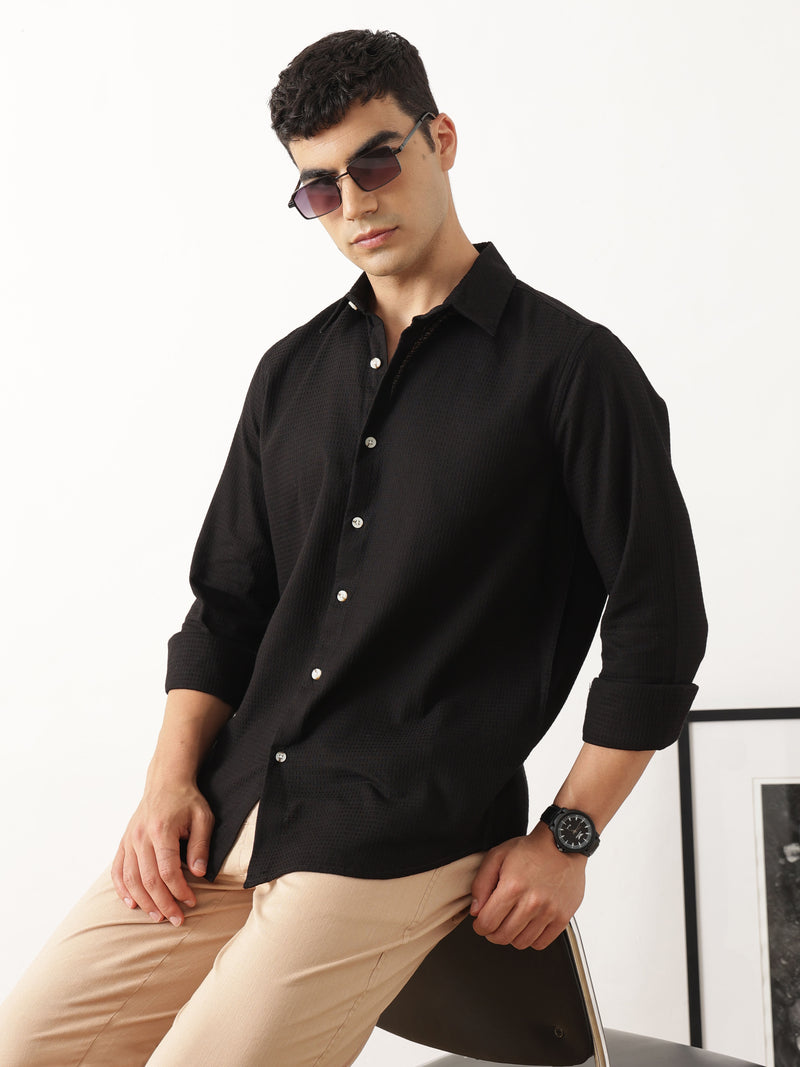 Thomas Scott Men Premium Black Regular Fit Long Sleeves Spread Collar Textured Casual Shirt