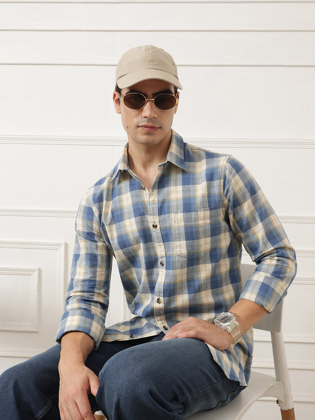 Blue Premium Slim Fit Graphic Checked Cotton Linen Casual Shirt For Men