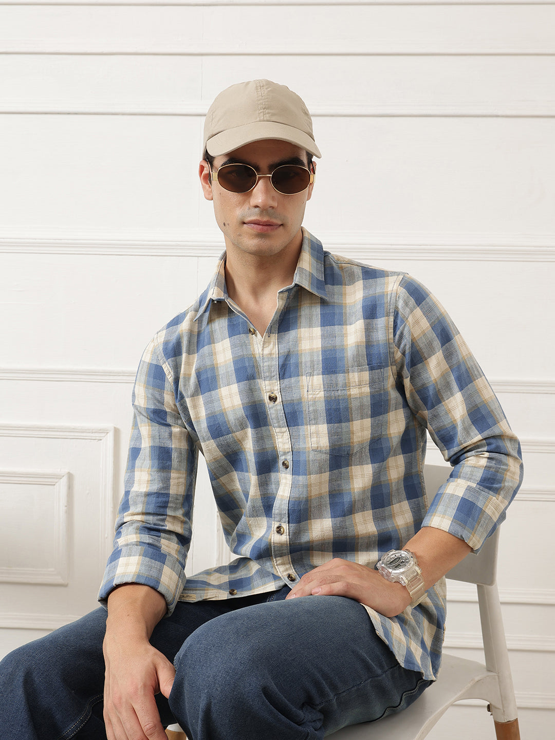 Blue Premium Slim Fit Graphic Checked Cotton Linen Casual Shirt For Men