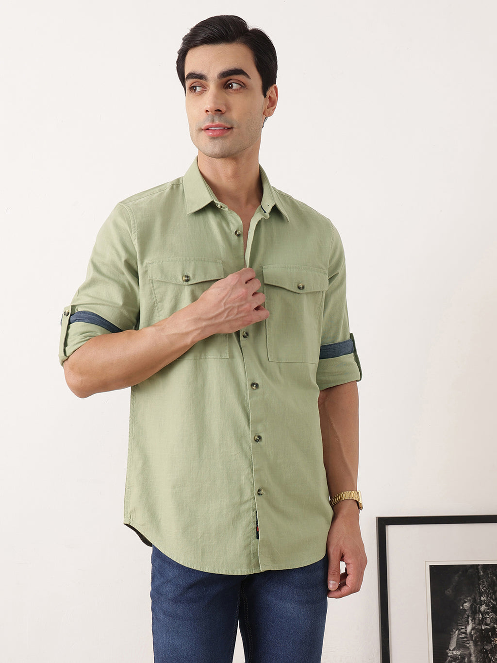 Thomas Scott Men Olive Premium Slim Fit Long Roll-Up Sleeves Spread Collar Solid Cotton Casual Shirt with Flap Pockets