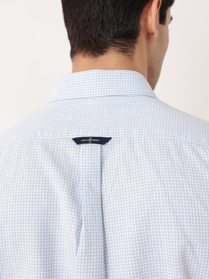 Thomas Scott Men Blue Premium Regular Fit Long Sleeves Spread Collar Gingham Checks Cotton Linen Casual Shirt