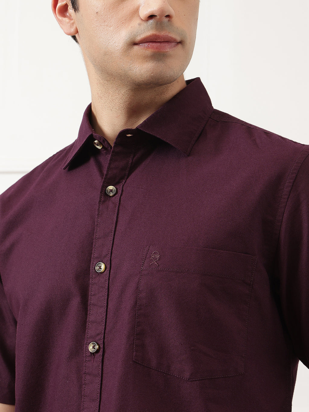 Wine Regular Fit Short Sleeve Spread Collar Solid Oxford Cotton Casual Shirt For Men