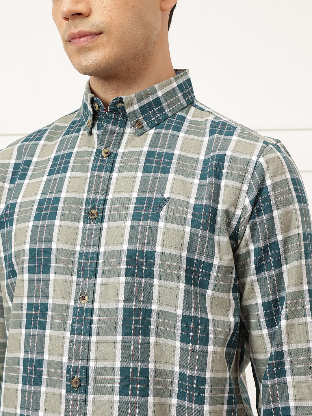 Olive Premium Regular Fit Tartan Checks Cotton Oxford Shirt For Men