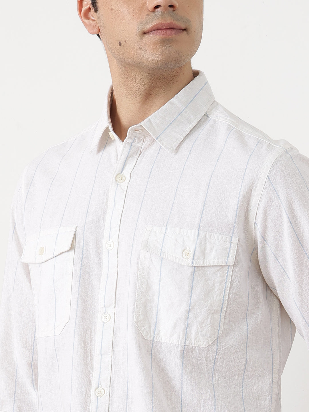 Light Blue Regular Fit Long Sleeves Spread Collar Vertical Stripes Cotton Linen Casual Shirt For Men