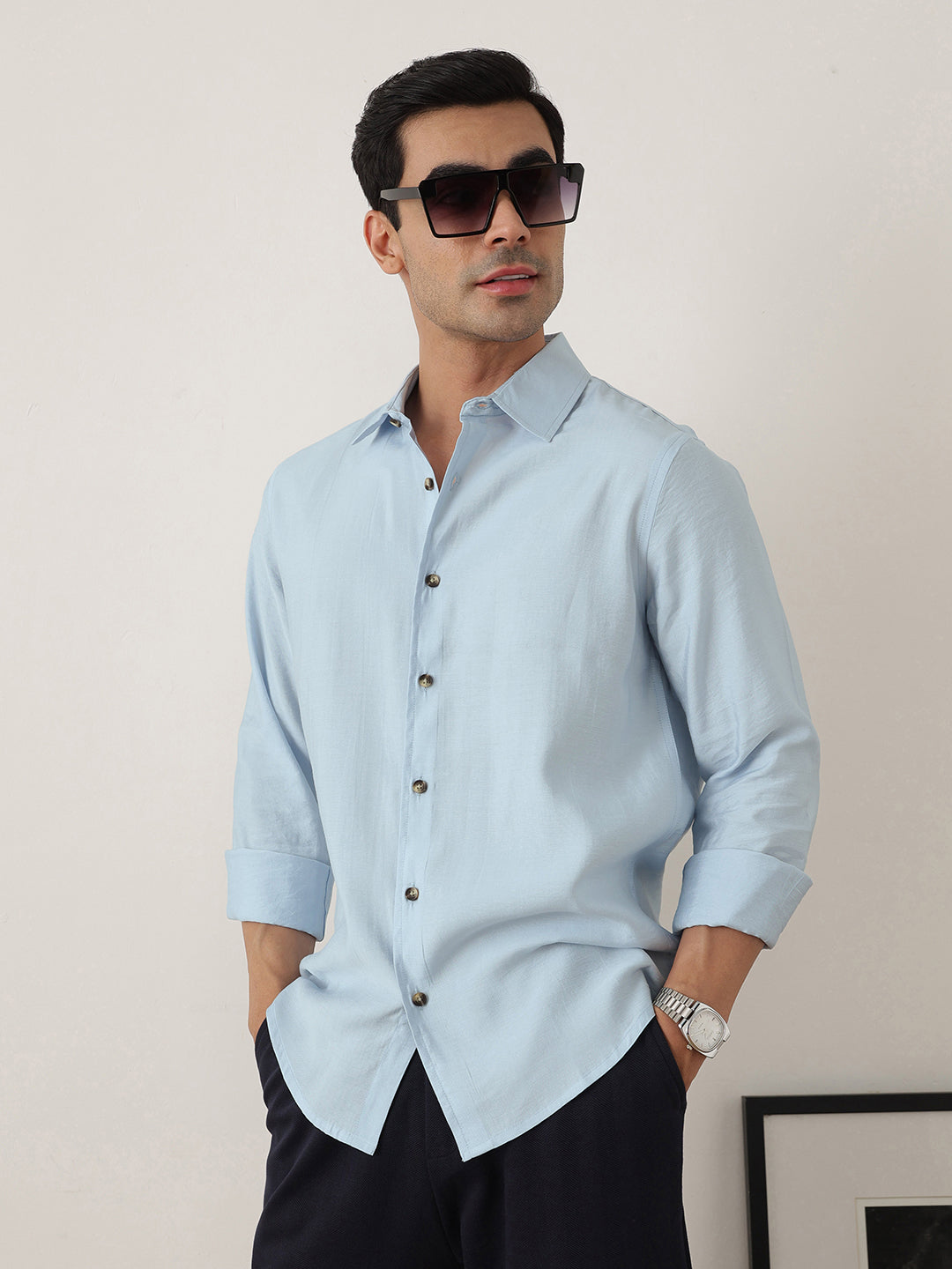 Thomas Scott Men Sky Blue Premium Slim Fit Long Sleeves Semi Cutaway Collar Casual Shirt