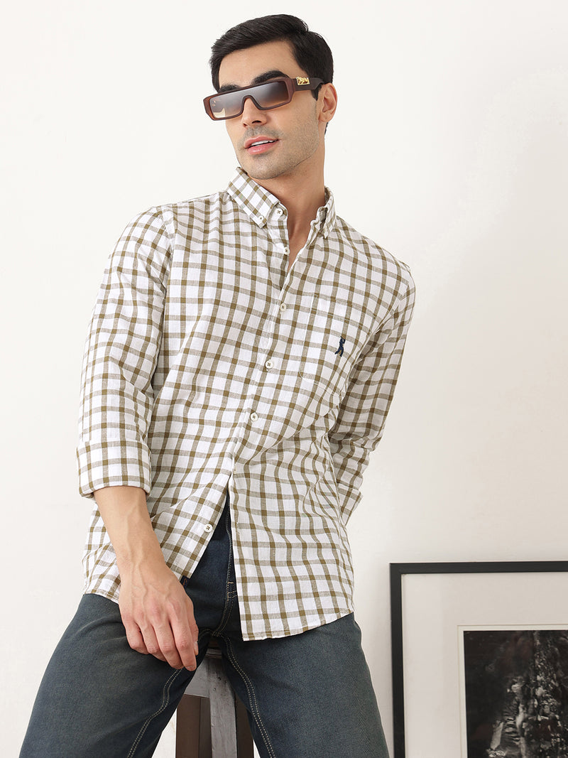 Thomas Scott Men Brown Regular Fit Long Sleeves Gingham Checks Button Down Collar Cotton Linen Casual Shirts